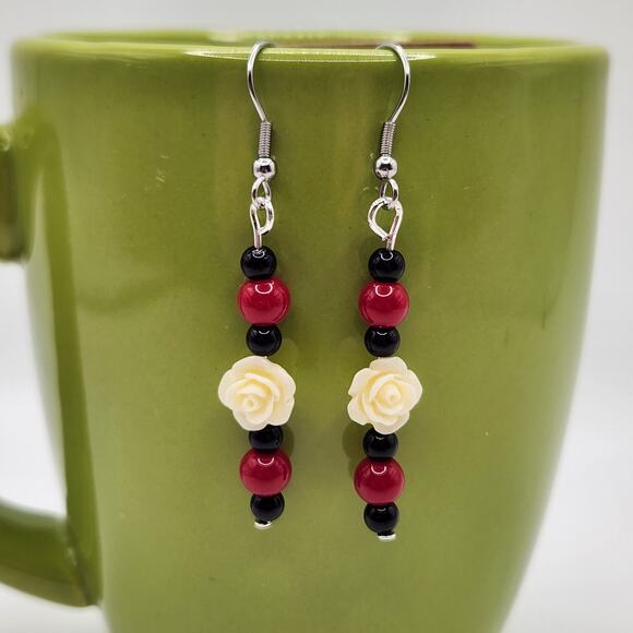 Handmade Cream Carved Rose, Black Amethyst & Red Coral Dangle Earrings 2.5" - Picture 2 of 9